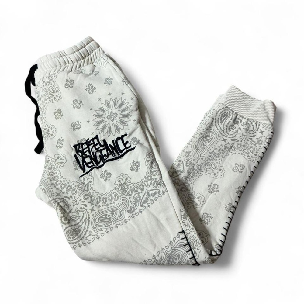 Rebel Vengeance Mens Bandana Paisley Print Joggers Cream Grey Size L Grunge‎